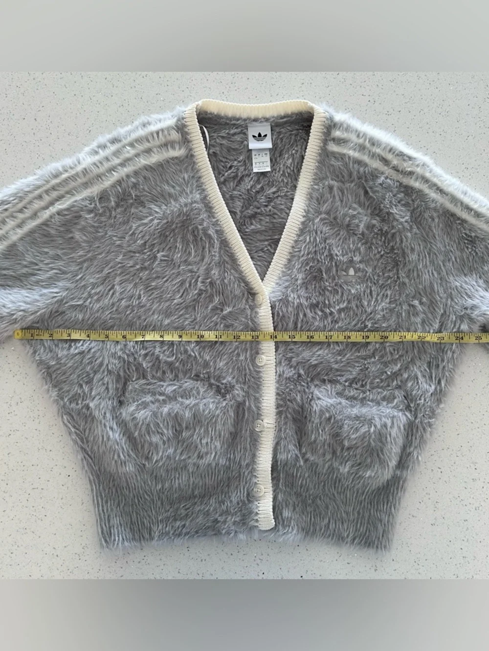 adidas Light Grey Fuzzy V-Neck Cardigan with Cream Trim Asia Exclusive US Large - Picture 13 of 14